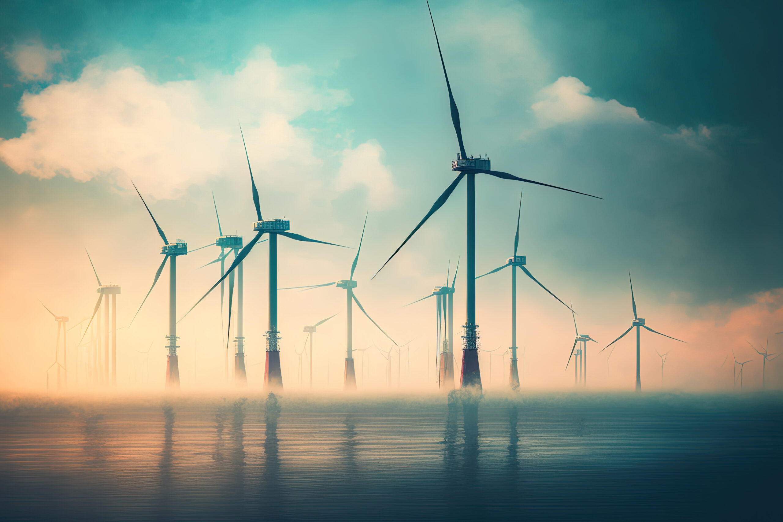 Floating wind turbines installed in sea. Alternative energy sour elektrownie wiatrowe