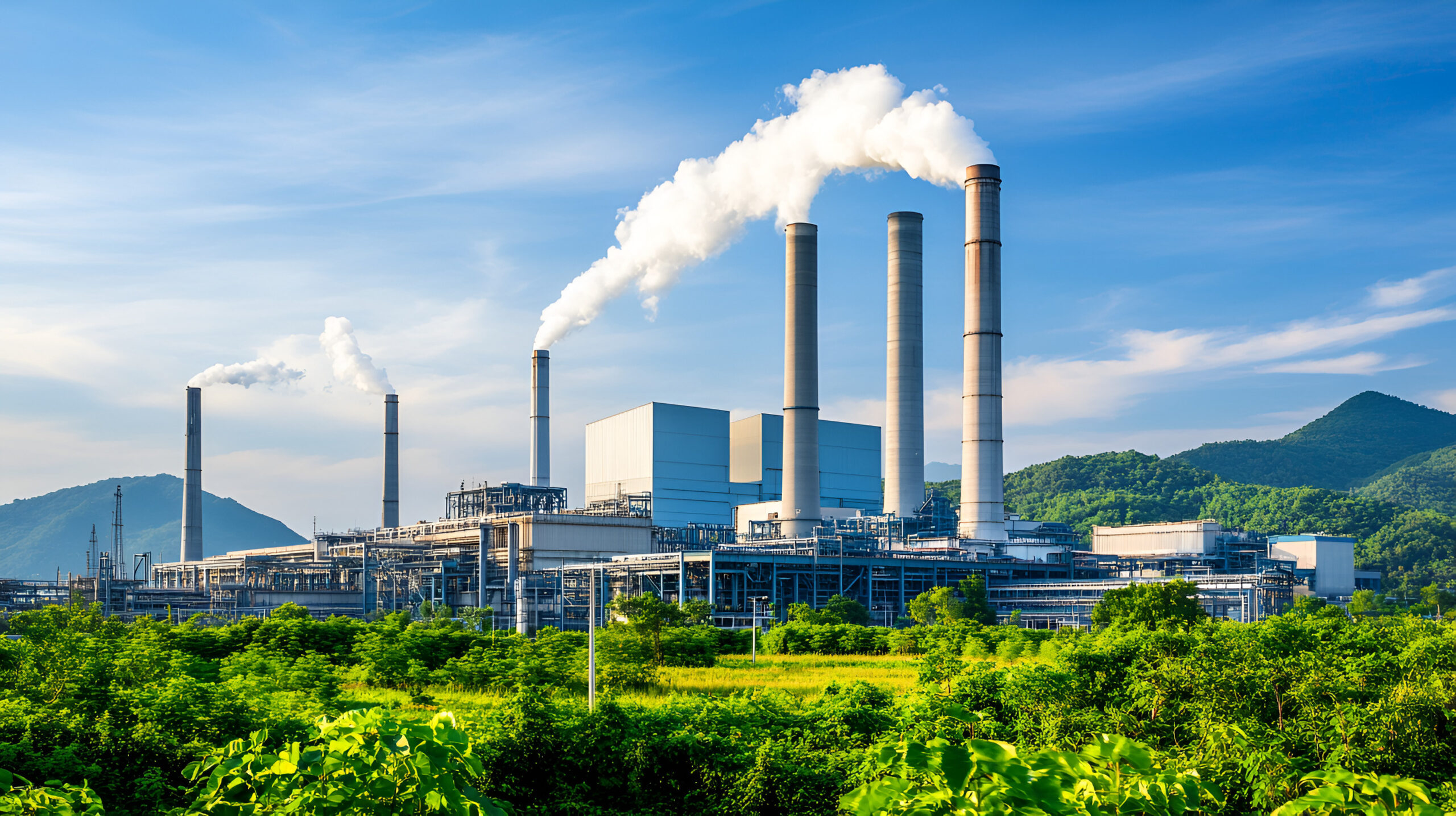 Green industry eco power for sustainable energy environmental friendly low carbon footprint. Green factory industry for good environment ozone air low carbon Dekarbonizacja gospodarki w Polsce ruszyła, ale przed firmami przemysłowymi jeszcze sporo wyzwań