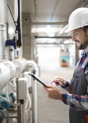 Engineer worker holding tablet computer and setting parameters o bezpieczeństwo LNG