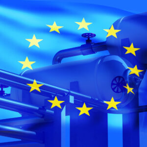 Gas industry of European Union. Equipment for LNG. Liquefied gas supplies to European Union. European alliance flag near gas pipes. LNG tanks with EU. LNG supply concept for industry. 3d rendering.